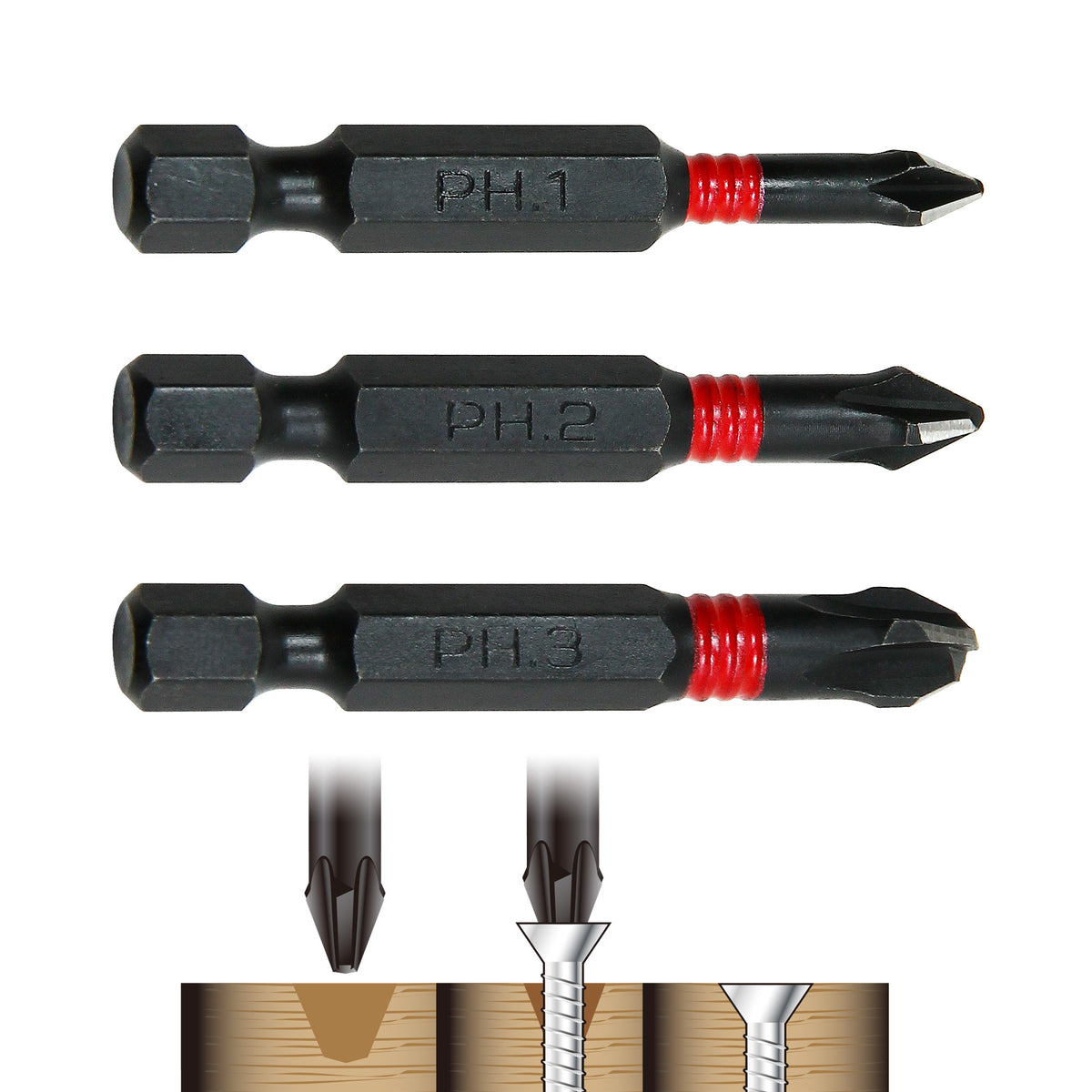 3 Piece Phillips Torsion Impact Screwdriver Countersink Bit Set