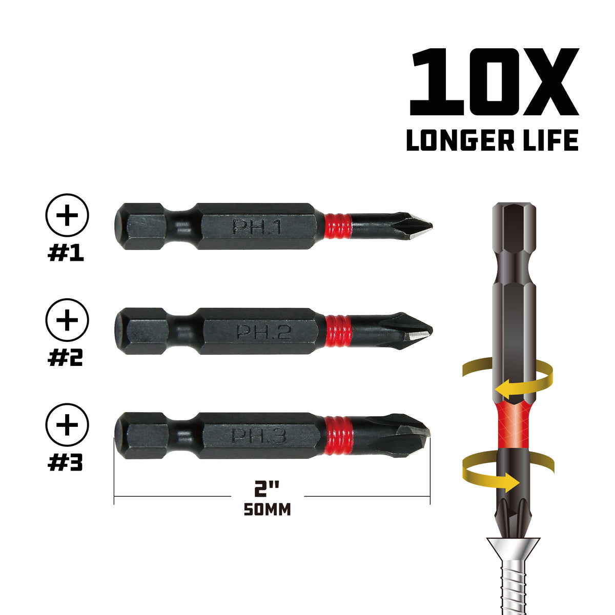 3 Piece Phillips Torsion Impact Screwdriver Countersink Bit Set