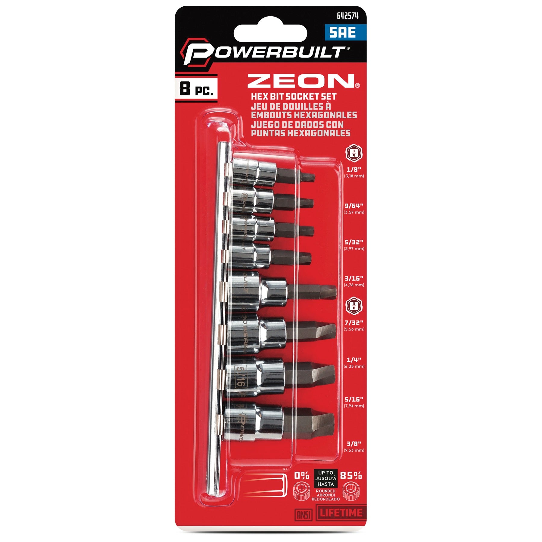 8 Piece Zeon SAE Hex Bit Socket Set for Damaged Bolts