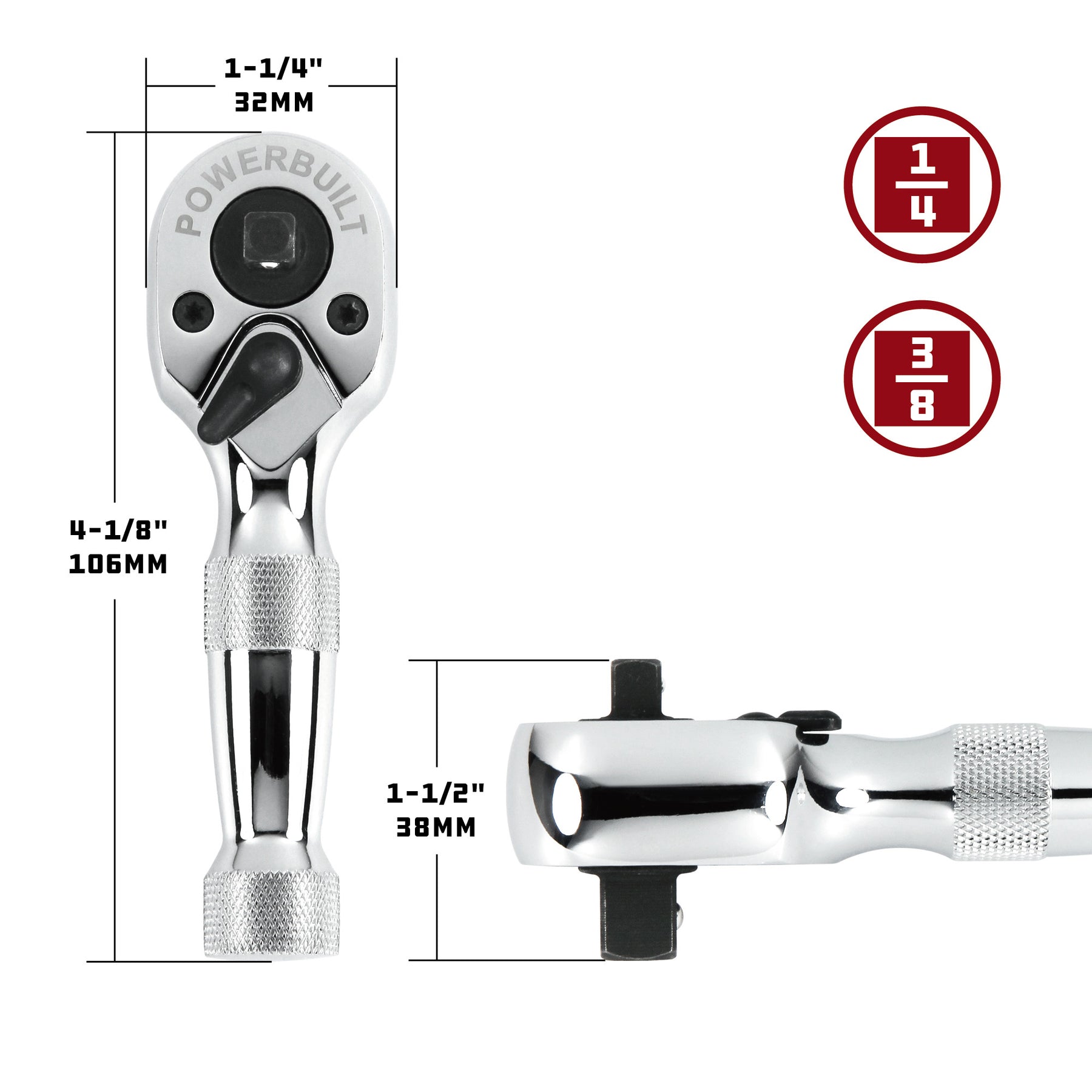 1/4 in. and 3/8 in. Dr. 72 Tooth Dual Head Stubby Ratchet