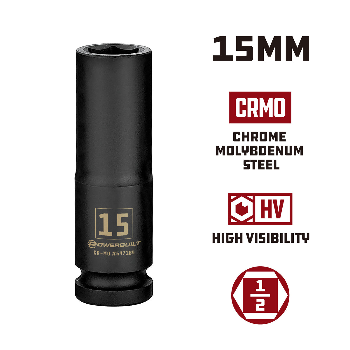 1/2 Inch Drive x 15 MM 6 Point Deep Impact Socket