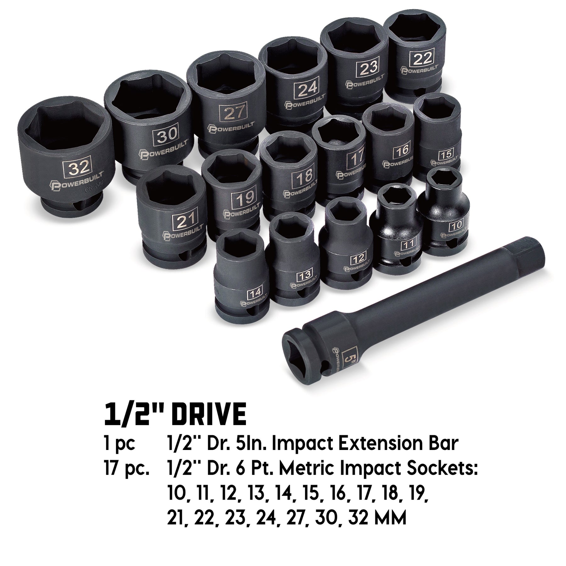 18 Piece 1/2 in. Dr. Metric Impact Socket Set